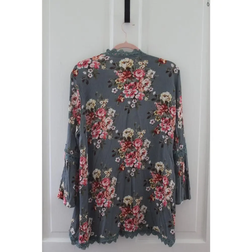 Women's Size Large Staccato Cardigan Lace border area sides Roses BOHO - Picture 4 of 8